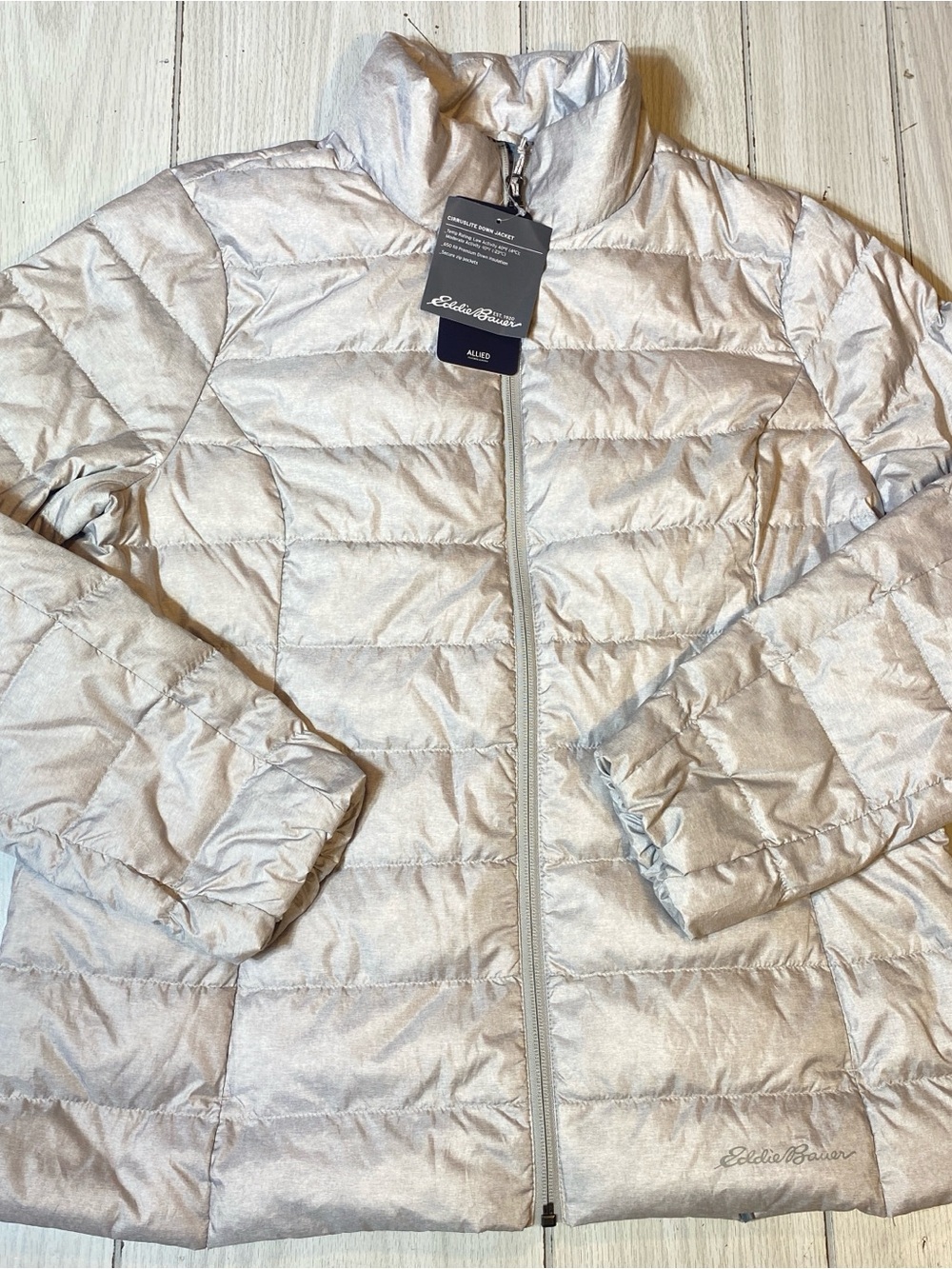 NWT Eddie Bauer Women's Cirruslite Down Jacket Light Gray Size L 650 Fill RDS